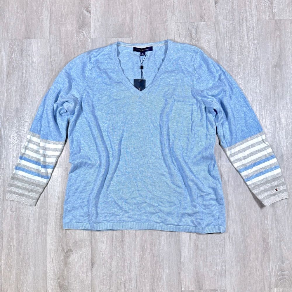 Tommy Hilfiger 0X NWT Blue Striped 100% Cotton V Neck Sweater